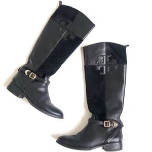 Tory Burch Lizzie Leather Suede Riding Boots Black Size 8.5M